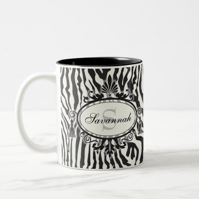 Black & White Zebra Pattern Custom Name & Monogram Two-Tone Coffee Mug (Left)