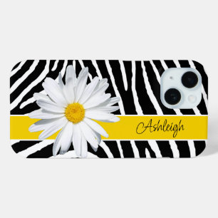 Black, White Zebra Print, Daisy Flower iPhone 15 Case