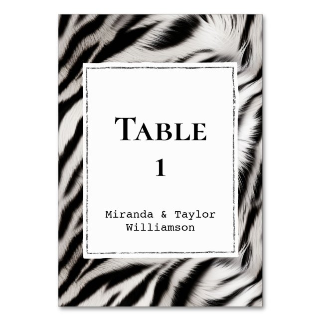 Black White Zebra Print Fur Table Number (Front)
