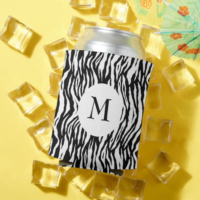 Black White Zebra Print Pattern Monogram Bold Cool Can Cooler (In Situ Summer)