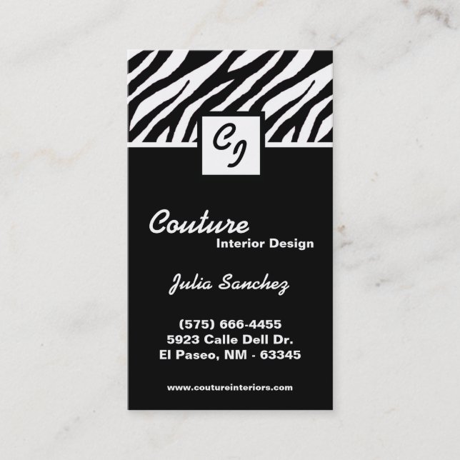 Black White Zebra Print Personalise Business Card (Front)
