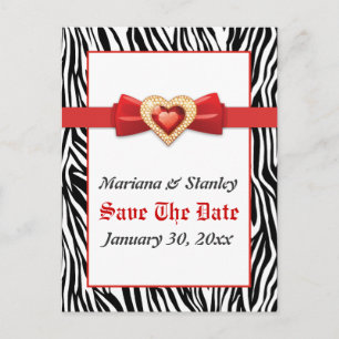 Black white zebra print, red jewel Save the Date Announcement Postcard