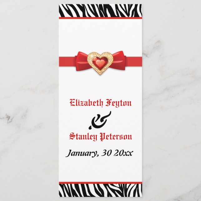 Black white zebra print, red jewel wedding program programme (Front)