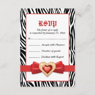 Black white zebra print & red jewel wedding RSVP