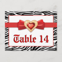 Black white zebra print, red wedding table number