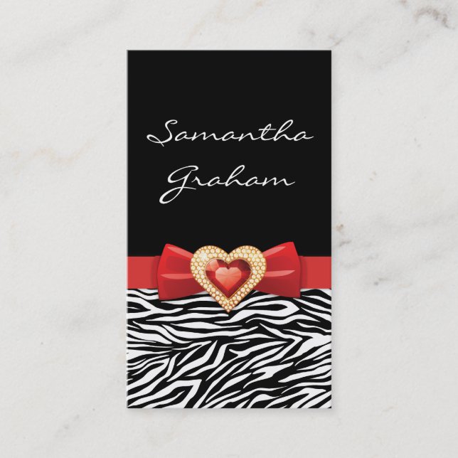 Black white zebra print with red bow and jewel business card (Front)