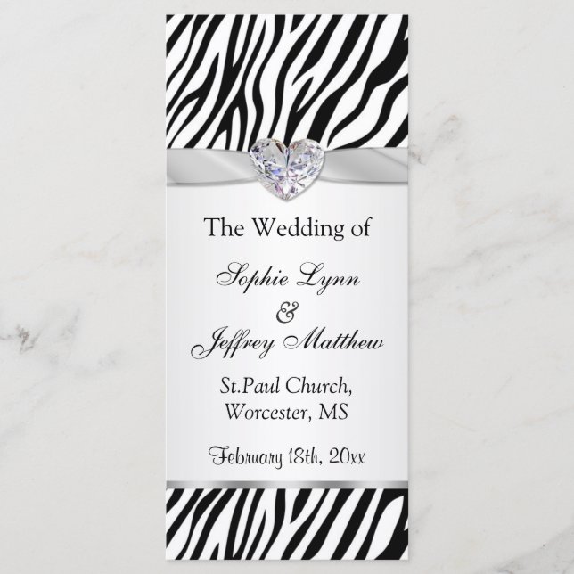 Black white zebra, ribbon, jewel Wedding Program Programme (Front)