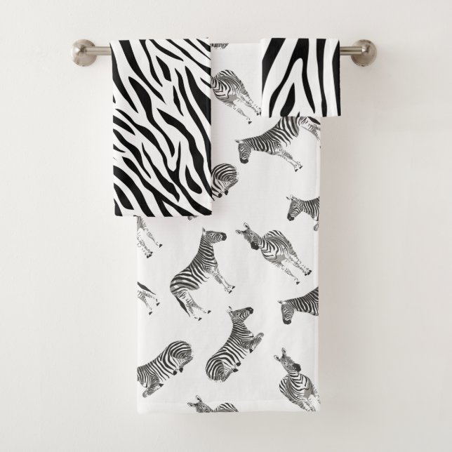 Black White Zebra Stripe Animal Pattern Bath Towel Set (Insitu)