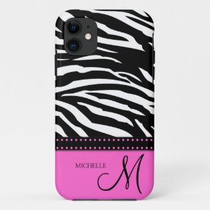 Black & White Zebra stripes with hot pink iPhone 11 Case