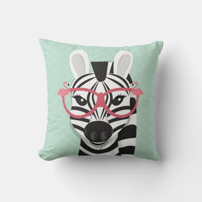 Black White Zebra Wearing Pink Flamingo Sunglasses Cushion (Front)