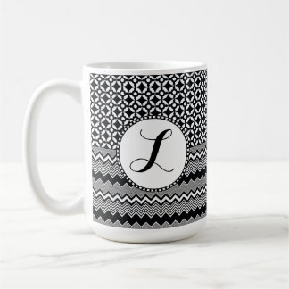 Black & White Zig Zags, Retro Medallion Monogram Coffee Mug
