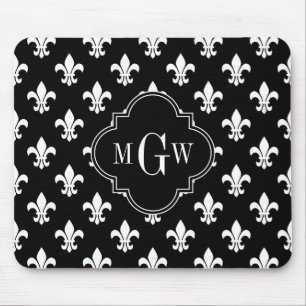 Black Wht Fleur de Lis Black 3 Initial Monogram Mouse Mat