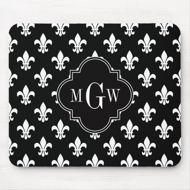 Black Wht Fleur de Lis Black 3 Initial Monogram Mouse Mat (Front)