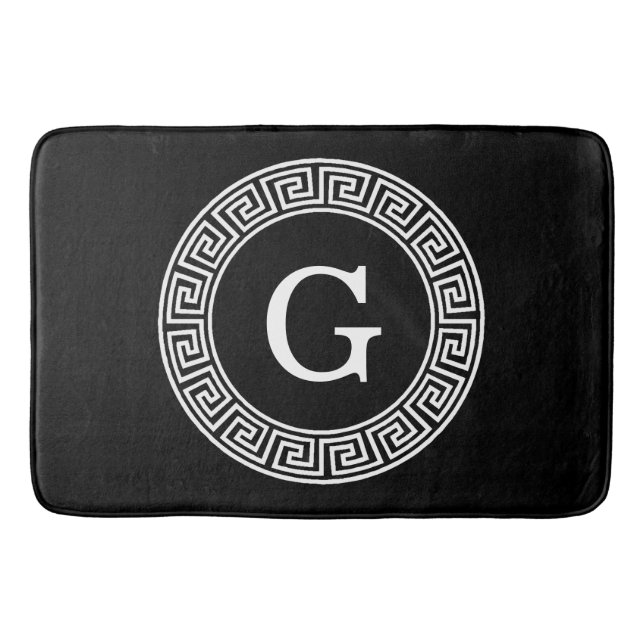 Black Wht Greek Key Rnd Frame Initial Monogram Bath Mat (Front)