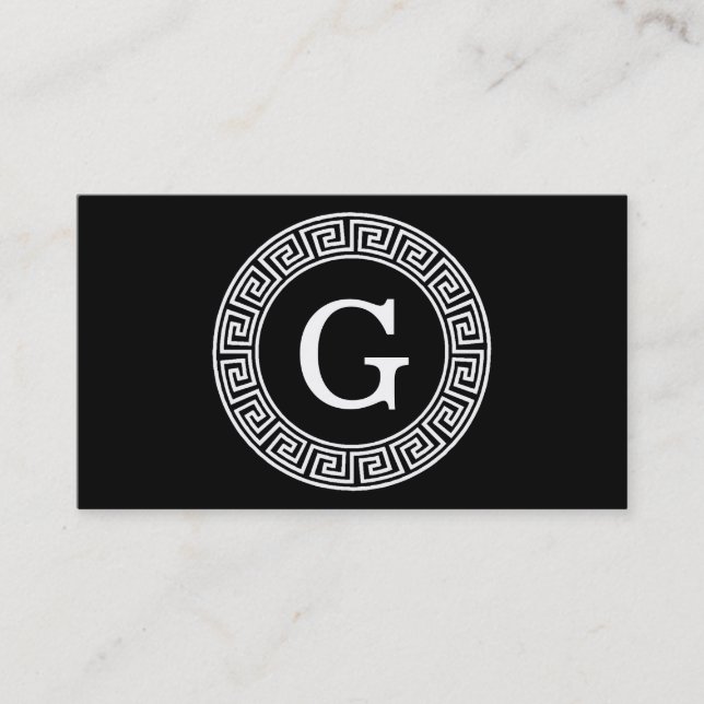 Black Wht Greek Key Rnd Frame Initial Monogram Business Card (Front)