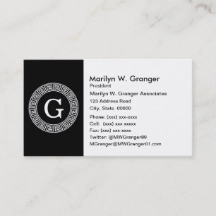 Black Wht Greek Key Rnd Frame Initial Monogram Business Card