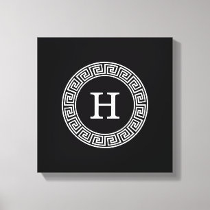 Black Wht Greek Key Rnd Frame Initial Monogram Canvas Print