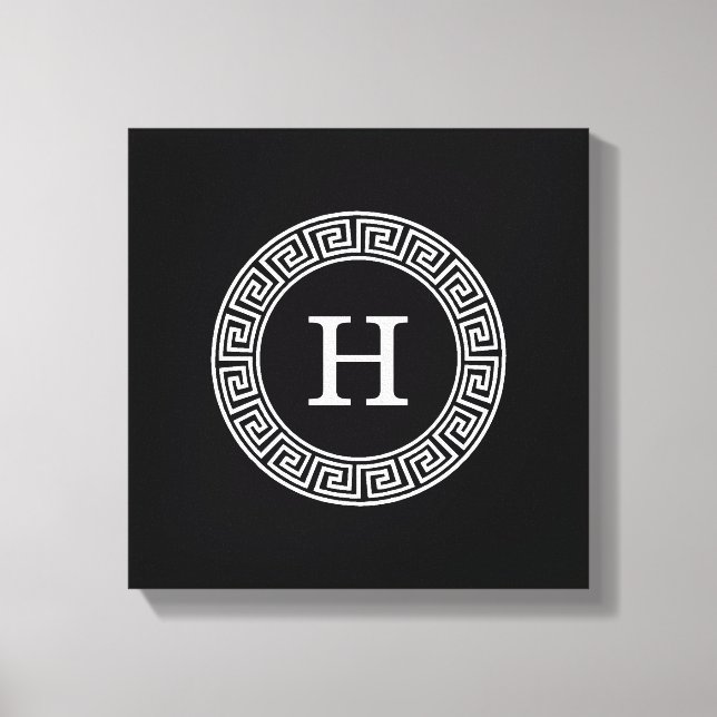 Black Wht Greek Key Rnd Frame Initial Monogram Canvas Print (Front)