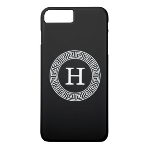 Black Wht Greek Key Rnd Frame Initial Monogram iPhone 8 Plus/7 Plus Case