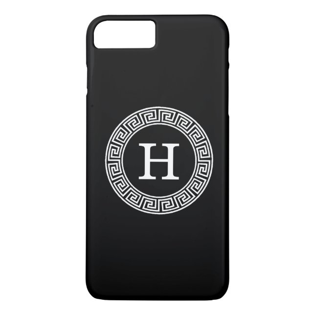Black Wht Greek Key Rnd Frame Initial Monogram Case-Mate iPhone Case (Back)