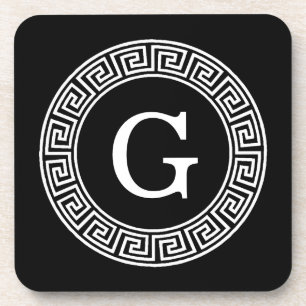 Black Wht Greek Key Rnd Frame Initial Monogram Coaster