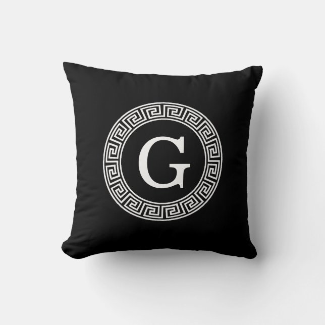Black Wht Greek Key Rnd Frame Initial Monogram Cushion (Front)