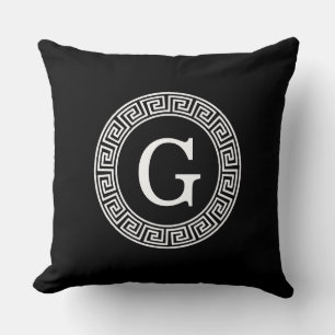 Black Wht Greek Key Rnd Frame Initial Monogram Cushion