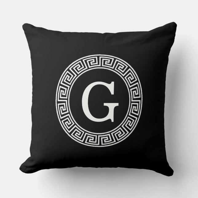 Black Wht Greek Key Rnd Frame Initial Monogram Cushion (Front)