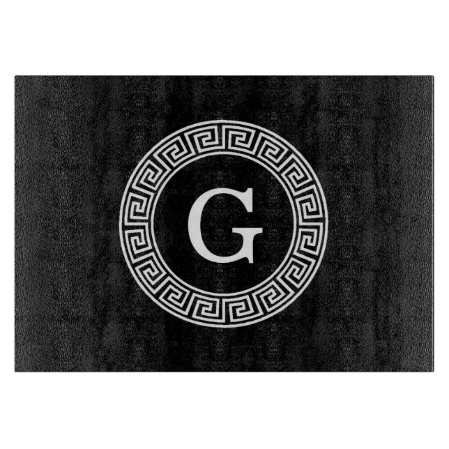 Black Wht Greek Key Rnd Frame Initial Monogram Cutting Board (Front)