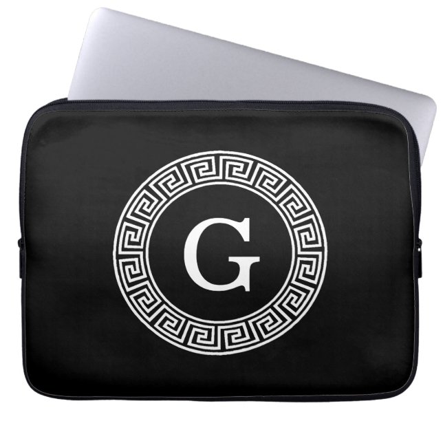 Black Wht Greek Key Rnd Frame Initial Monogram Laptop Sleeve (Front)