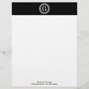 Black Wht Greek Key Rnd Frame Initial Monogram Letterhead Design