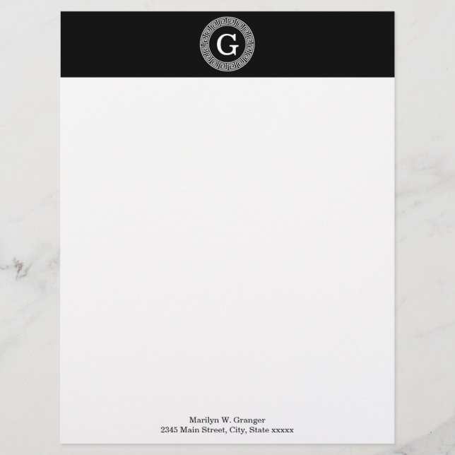 Black Wht Greek Key Rnd Frame Initial Monogram Letterhead Design (Front)