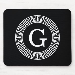 Black Wht Greek Key Rnd Frame Initial Monogram Mouse Mat