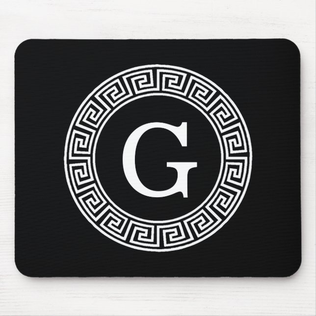 Black Wht Greek Key Rnd Frame Initial Monogram Mouse Mat (Front)