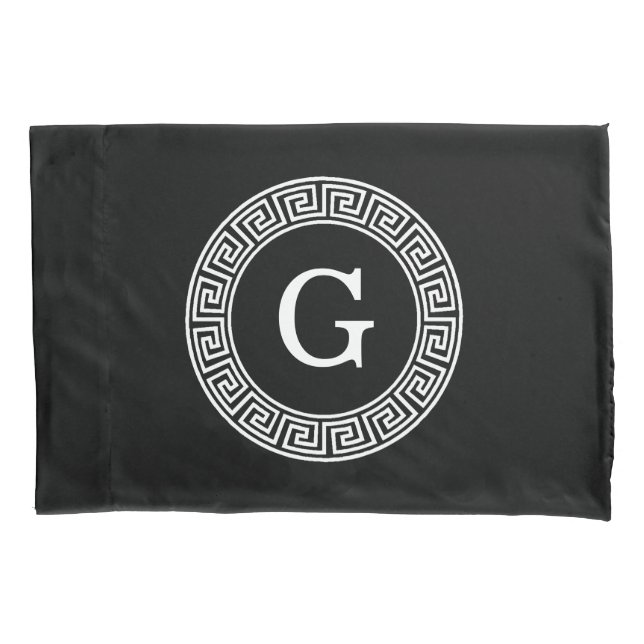 Black Wht Greek Key Rnd Frame Initial Monogram Pillowcase (Front)