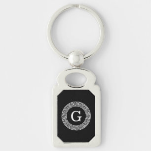 Black Wht Greek Key Rnd Frame Initial Monogram Ring