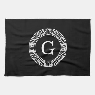 Black Wht Greek Key Rnd Frame Initial Monogram Tea Towel