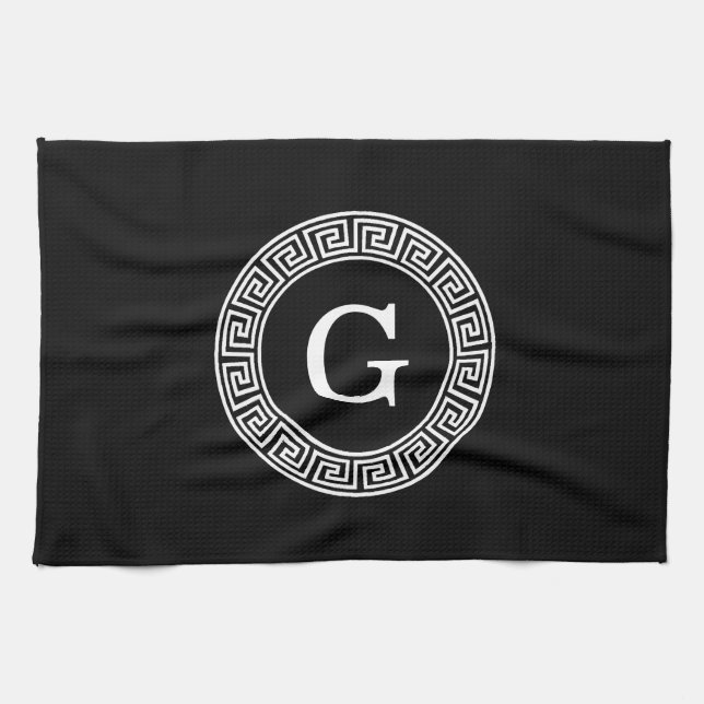Black Wht Greek Key Rnd Frame Initial Monogram Tea Towel (Horizontal)