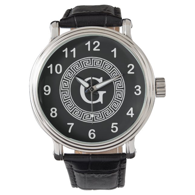 Black Wht Greek Key Rnd Frame Initial Monogram Watch (Front)