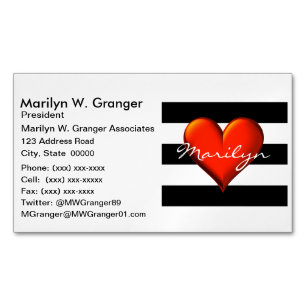 Black Wht Horiz Stripe Red Metallic Heart Monogram Magnetic Business Card