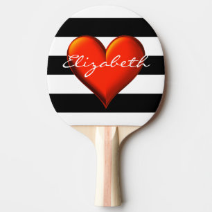 Black Wht Horiz Stripe Red Metallic Heart Monogram Ping Pong Paddle