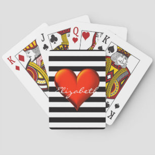 Black Wht Horiz Stripe Red Metallic Heart Monogram Playing Cards
