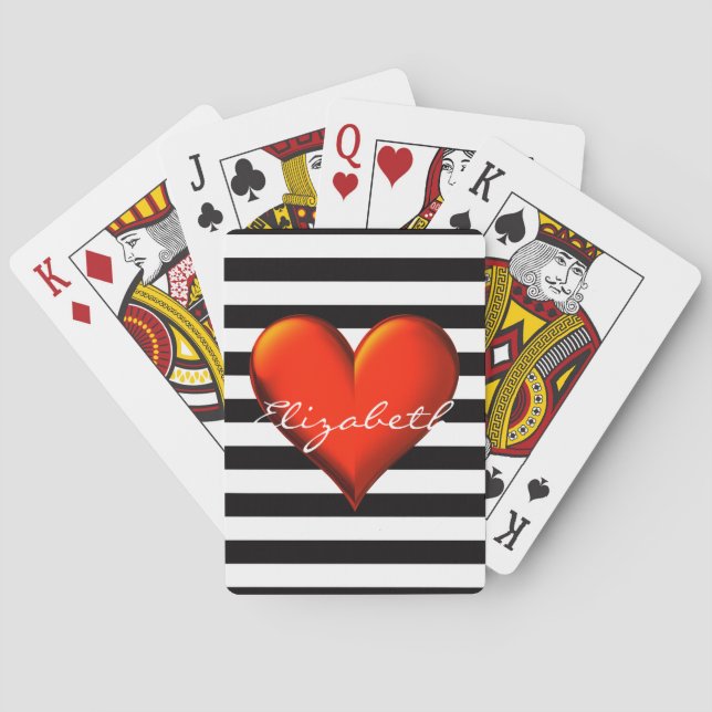 Black Wht Horiz Stripe Red Metallic Heart Monogram Playing Cards (Back)