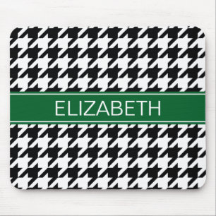 Black Wht Houndstooth #2 Forest Grn Name Monogram Mouse Mat