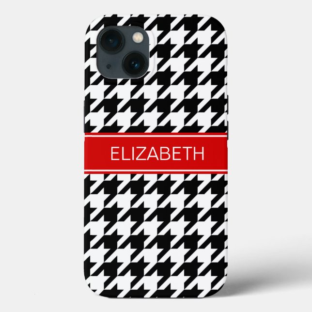 Black Wht Houndstooth #2 Red Name Monogram Case-Mate iPhone Case (Back)