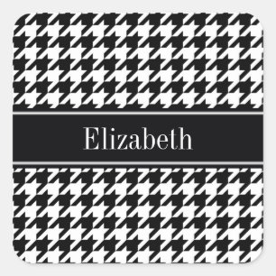 Black Wht Houndstooth Black Name Monogram Square Sticker