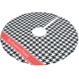 Black Wht Houndstooth Coral Red Name Monogram Brushed Polyester Tree Skirt
