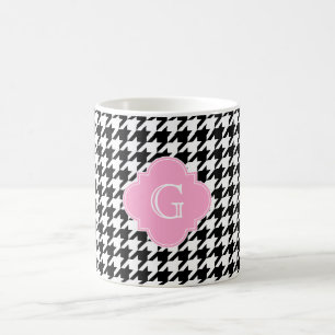 Black Wht Houndstooth Pink Quatrefoil Monogram Coffee Mug