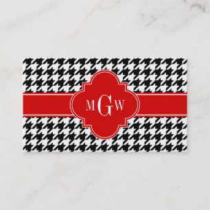 Black Wht Houndstooth Red Quatrefoil 3 Monogram Business Card