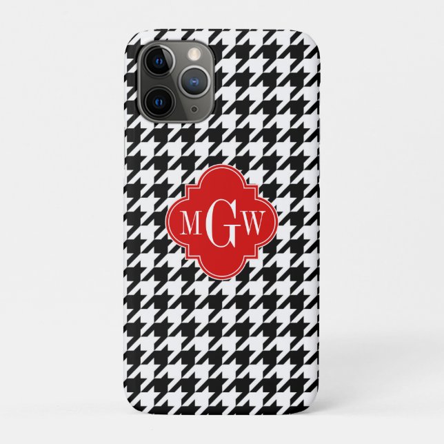 Black Wht Houndstooth Red Quatrefoil 3 Monogram Case-Mate iPhone Case (Back)